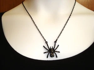 Halloween Goth Black Rhinestone 1 1/4" Black Alloy Spider on 19" Necklace - Picture 1 of 8