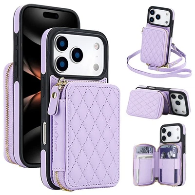 Strap Case For iPhone 17 16 Pro Max 15 14 13 12 Card Holder Wallet Zipper Cover - Image 1 of 4
