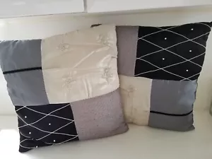 Set of 2 Decorative Throw Pillows Gray Beige Black 16" x 16" - Picture 1 of 6