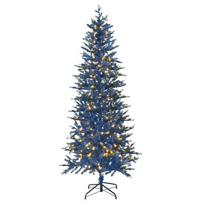 Pre-Lit Blue Christmas Tree Navy Artificial Pine Branches Warm White LED 6ft 7ft - Image 1 of 4