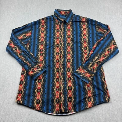 Vintage Wrangler Shirt Mens Large Blue Pearl Snap Aztec Western Cowboy Rodeo - Image 1 of 4