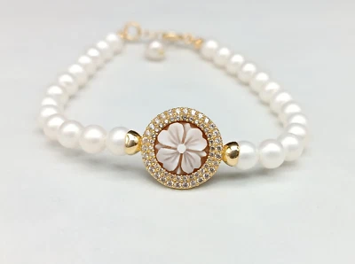 Armband Damen Kamee Echt Kamee Perle Weiß Natürlich Silber 925 Schmuckstück - Bild 1 von 4