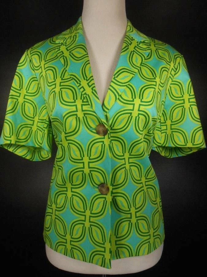 Beautiful Women's 10 Coldwater Creek Green Geometric Lined Button Blazer Jacket - Image 1 of 4