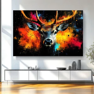 Leinwand Bild Hirsch Bunt Abstrakt Modernes Gemälde Wandbilder Wohnzimmer 6811A - Bild 1 von 7