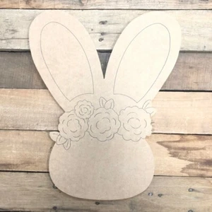 Easter Bunny with Flowers Wood Cutout, Paint by Line, Engraved Spring Craft DIY - Picture 1 of 1