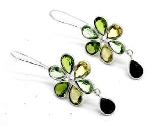 925 Sterling Silver Green Peridot & Citrine Gemstone Jewelry Earring Size-1.50" - Picture 1 of 7