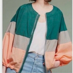 Elevenses Anthropologie Jacket XS S Windbreaker Colorblock Full Zip Green Peach - Picture 1 of 4