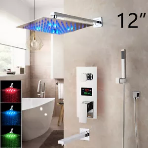 Rubinetto Set Doccia 3 Vie 12" LED Cromato con Rubinetti Spruzzatore Manuale Miscelatore Montaggio a Parete - Foto 1 di 8