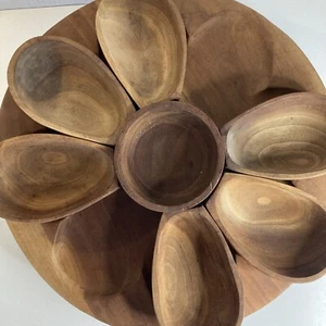 Wooden Hand Turned Lazy Susan Serving Dish With 7 Pods Charcuterie Taco Night - Picture 1 of 6