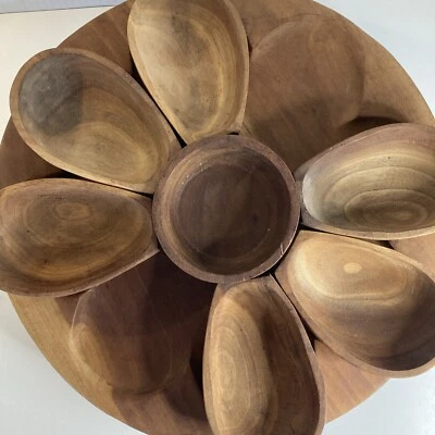 Wooden Hand Turned Lazy Susan Serving Dish With 7 Pods Charcuterie Taco Night - Image 1 of 4