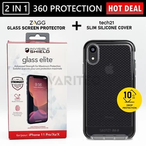 Zagg iPhone X XS 10 Glass Screen Protector + Tech21 Silicone Gel Cover Back Case - Picture 1 of 3
