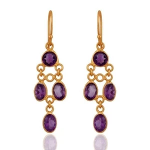Amethyst 18K Gold Plated 925 Sterling Silver Dangle Earrings Gemstone Jewelry - Picture 1 of 4