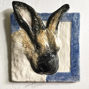 Bunny Rabbit Ceramic Tile Handmade 3d Pet Portrait Sondra Alexander Art - Picture 1 of 4