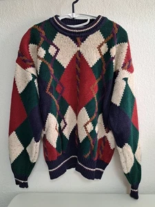 Vintage 90s Heavyweight Argyle Diamond Pattern Sweater Adult M Knit - Picture 1 of 5