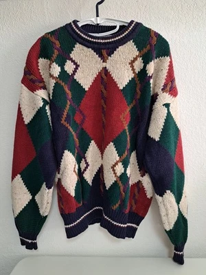 Vintage 90s Heavyweight Argyle Diamond Pattern Sweater Adult M Knit - Image 1 of 4