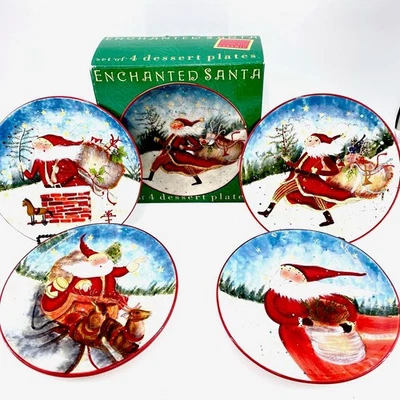 Plato de postre de Papá Noel encantado x4 en caja Susan Winget arte popular caprichoso Navidad Foto 1 de 4