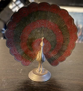 Vintage Messing rot & gold Pfau mit vollem Gefieder, klein, Made in India - Bild 1 von 4