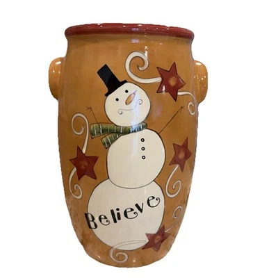 Jarrón muñeco de nieve Lang Redware soporte para utensilios “Believe” dorado rojo 9”X6” Foto 1 de 4