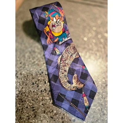 Looney Tunes Taz Fishing Tie 1994 Polyester Mens Necktie Blue Plaid - Image 1 of 4