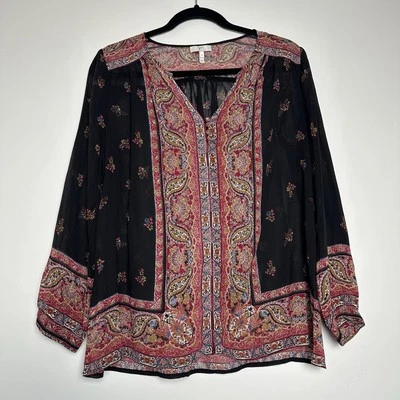 Joie Blouse V-Neck Button Trim Paisley Floral Print 100% Silk Sheer Small Boho - Image 1 of 4