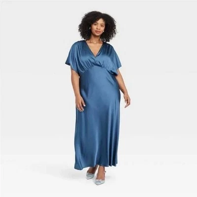 Maxi Vestido Target A New Day Azul Satinado Cuello en V Manga Acampanada Para Mujer Talla 2X Foto 1 de 4