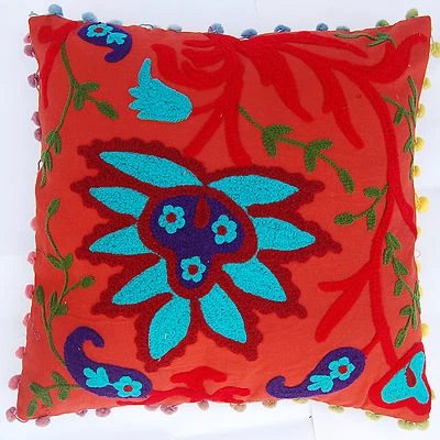 2Pcs Indian Suzani Cushion Covers16X16" Cotton Sequin Embroidered Red Pillowcase - Image 1 of 4
