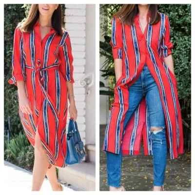 Camisa de vestir Tucker para mujer talla M roja a rayas bolsillos con cinturón Foto 1 de 4