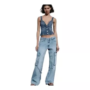 Zara Mid Rise Cargo Jeans w/ Belt Loop Detail Wide Leg Attico Women Sz 4 Slouchy - Picture 1 of 13