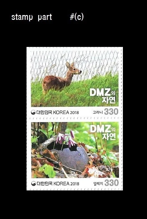 Nature of DMZ, guerra, zona desmilitarizada, diente de perro violeta, ciervo, Corea sello 2018 Foto 1 de 1