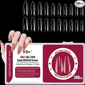 TuDou Soft Gel Full Cover Nail Tips, 240PCS Clear Coffin & Almond Gelly Tips for