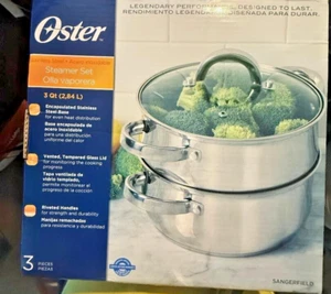 OSTER SANGERFIELD Food Steamer 3 Pc Set Stainless Steel 3 qt 2.84L-Warranty Card - Picture 1 of 5