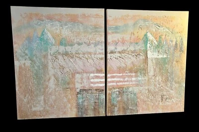 (2) Lee Reynolds Signed 30"x24” textured Canvas Panel Painting Mountains 1990s - Image 1 of 4