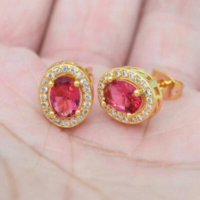 18K Yellow Gold Filled Women Oval Rose Red Topaz Stud Earrings Jewelry - Image 1 of 4