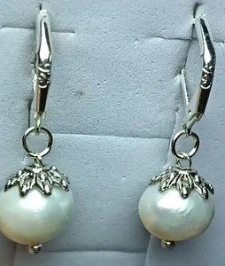 earrings silver 925, Beautiful White Cultured Pearl, 11mm Class AAA - Picture 1 of 6