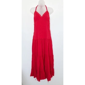 Y2K Ralph Lauren Womens Halter Dress Size M Red Crochet Tiered Maxi Boho Fairy - Picture 1 of 8
