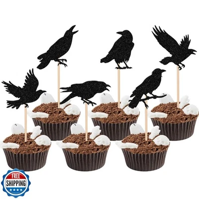 24 PCS Crow Cupcake Toppers Black Glitter Raven Halloween Cupcake Picks Hallo - Image 1 of 4