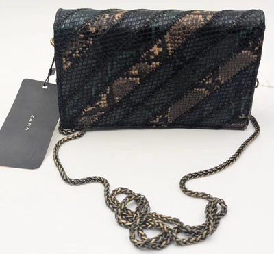 NWT Authentic ZARA Green/Black Snake Print Chain Cross Body Bag - Image 1 of 4