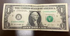 $1 NOTE FANCY SERIAL NUMBER- APRIL 1992 C40001992 - Picture 1 of 2
