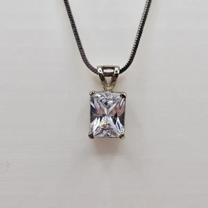 Radiant Cut Cubic Zirconia CZ Pendant Necklace Silver Tone 16" Fashion Jewelry - Picture 1 of 10