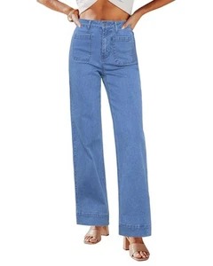 Ladies Trendy Jeans Cute Western Wear Cuffed Hem Medium Blue High Waisted Wid... - Picture 1 of 7
