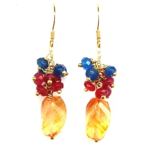925 Sterling Silver Orange Carnelian, Red Ruby & Blue Sapphire Earrings - Picture 1 of 4