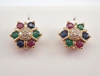 Pendiente redondo de 3 quilates simulado zafiro esmeralda rubí chapado en oro amarillo de 14 k Foto 1 de 4