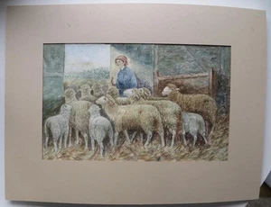 Antico acquerello c1890-1900 Rachele la pastorella e il suo gregge - Foto 1 di 7