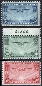 US Sc C20-C22 Multicolor 20-50¢ 1935 Lightly Hinged Original Gum Airmail Set - Picture 1 of 1