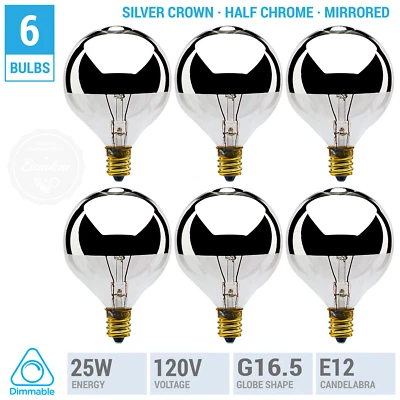 6 Pack 25G16.5 1/2 Bulb 25W Silver Crown Half Chrome Mirror Globe Candelabra E12 - Image 1 of 3