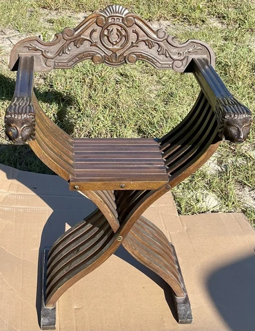 Antique Carved Wood Lion Heads On Arms Scissor Folding Chair Renaissance Decor Cover