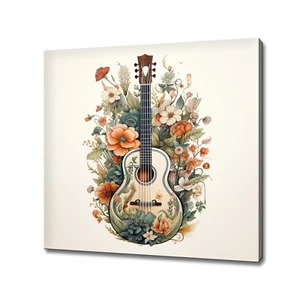 Quadro acquerello chitarra acustica musica fiori stampa su tela wall art - Foto 1 di 9