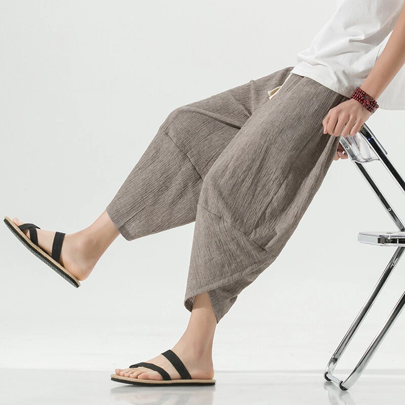 Men's Pants Chinese Style Linen Loose Large Size Haren Pants Cropped Trousers  - Image 1 of 4