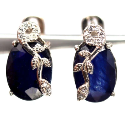 925 Sterlingsilber 7 x 10 Mm. Blauer Saphir & Weiß Zirkonia Ohrringe - Bild 1 von 4