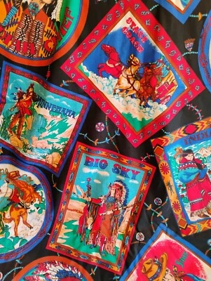 Vtg Cowboy Native American Western Theme Cotton Fabric 4+Yards x44" Joan Kessler - Image 1 of 4